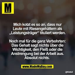 Mich kotzt es so an, dass nur
Leute mit Riesengehältern als
„Leistungsträger“ tituliert werden.

Noch mal für die ganz V