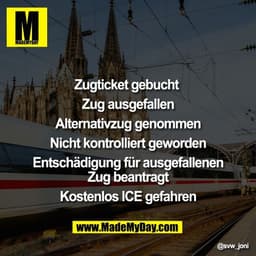 Zugticket gebucht 

Zug ausgefallen

Alternativzug genommen

Nicht kontrolliert geworden

Entschädigung für ausgefallene