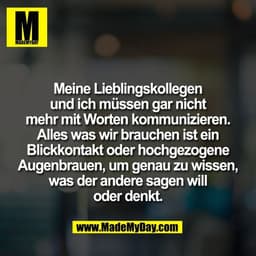 Meine Lieblingskollegen
und ich müssen gar nicht
mehr mit Worten kommunizieren.
Alles was wir brauchen ist ein
Blickkont