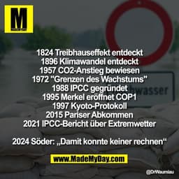 1824 Treibhauseffekt entdeckt
1896 Klimawandel entdeckt
1957 CO2-Anstieg bewiesen
1972 "Grenzen des Wachstums"
1988 IPCC