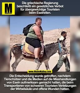 Die griechische Regierung
beschließt ein gesetzliches Verbot
für übergewichtige Touristen
beim Eselreiten.

Die Entschei