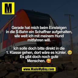Gerade hat mich beim Einsteigen
in die S-Bahn ein Schaffner aufgehalten,
wie weit ich mit meinem Hund
mitfahren will.

I