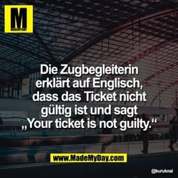 Die Zugbegleiterin
erklärt auf Englisch,
dass das Ticket nicht
gültig ist und sagt
„Your ticket is not guilty.“