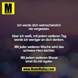 Ich werde dich wahrscheinlich
nie vergessen.

Aber ich weiß, mit jedem weiteren Tag
werde ich weniger an dich denken.

M