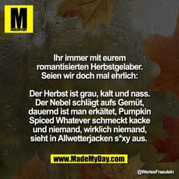 Ihr immer mit eurem
romantisierten Herbstgelaber.
Seien wir doch mal ehrlich:

Der Herbst ist grau, kalt und nass.
Der N