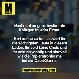 Nachricht an ganz bestimmte
Kollegen in jeder Firma:

Hört auf so zu tun, als wärt ihr
die wichtigsten Leute in diesem
L