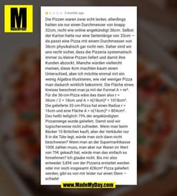Die Pizzen waren zwar echt lecker, allerdings hatten sie nur einen Durchmesser von knapp 32cm, nicht wie online angekünd