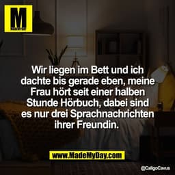 Wir liegen im Bett und ich
dachte bis gerade eben, meine
Frau hört seit einer halben
Stunde Hörbuch, dabei sind
es nur d