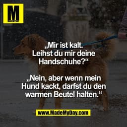 „Mir ist kalt.
Leihst du mir deine
Handschuhe?“

„Nein, aber wenn mein
Hund kackt, darfst du den
warmen Beutel halten.“