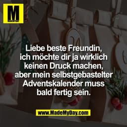 Liebe beste Freundin,
ich möchte dir ja wirklich
keinen Druck machen,
aber mein selbstgebastelter
Adventskalender muss
b