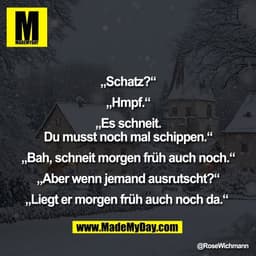 „Schatz?“

„Hmpf.“

„Es schneit.
Du musst noch mal schippen.“

„Bah, schneit morgen früh auch noch.“

„Aber wenn jemand 