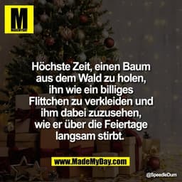 Höchste Zeit, einen Baum
aus dem Wald zu holen,
ihn wie ein billiges
Flittchen zu verkleiden und
ihm dabei zuzusehen,
wi