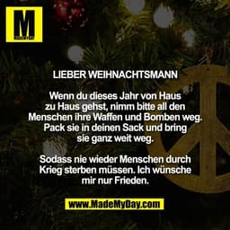 Lieber Weihnachtsmann

Wenn du dieses Jahr von Haus
zu Haus gehst, nimm bitte all den
Menschen ihre Waffen und Bomben we