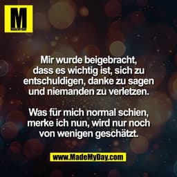 Mir wurde beigebracht,
dass es wichtig ist, sich zu
entschuldigen, danke zu sagen
und niemanden zu verletzen.

Was für m