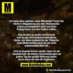 Ich habe eben gelesen, dass Mitarbeiter*innen der
Klinik in Magdeburg aus dem Weihnachts-
urlaub zurückgekehrt sind und 