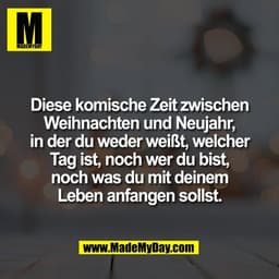 Diese komische Zeit zwischen
Weihnachten und Neujahr,
in der du weder weißt, welcher
Tag ist, noch wer du bist,
noch was
