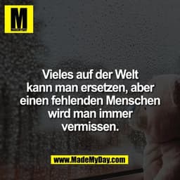 Vieles auf der Welt
kann man ersetzen, aber
einen fehlenden Menschen
wird man immer
vermissen.
