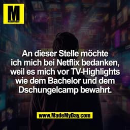 An dieser Stelle möchte
ich mich bei Netflix bedanken,
weil es mich vor TV-Highlights
wie dem Bachelor und dem
Dschungel