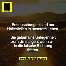 Enttäuschungen sind nur
Haltestellen in unserem Leben.

Sie geben uns Gelegenheit
zum Umsteigen, wenn wir
in die falsche