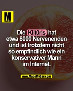 Die Klitoris hat
etwa 8000 Nervenenden
und ist trotzdem nicht
so empfindlich wie ein
konservativer Mann
im Internet.
