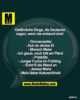 Gefährliche Dinge, die Deutsche
sagen, wenn sie erstaunt sind:

- Donnerwetter
- Ach du dickes Ei
- Mensch Meier
- Ich g