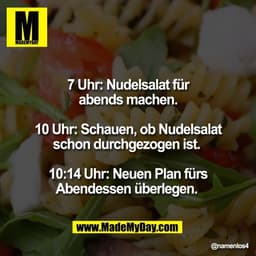 7 Uhr: Nudelsalat für
abends machen.

10 Uhr: Schauen, ob Nudelsalat
schon durchgezogen ist. 

10:14 Uhr: Neuen Plan für