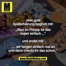 Jede gute
Spielerklärung beginnt mit:

„Also im Prinzip ist das
super einfach ...“

und endet mit:

„... wir fangen einf