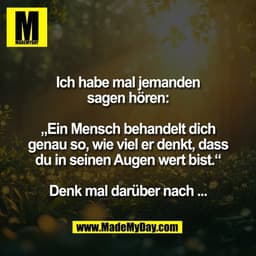 Ich habe mal jemanden
sagen hören:

„Ein Mensch behandelt dich
genau so, wie viel er denkt, dass
du in seinen Augen wert