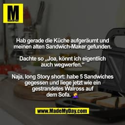 Hab gerade die Küche aufgeräumt und
meinen alten Sandwich-Maker gefunden.

Dachte so „Joa, könnt ich eigentlich
auch weg