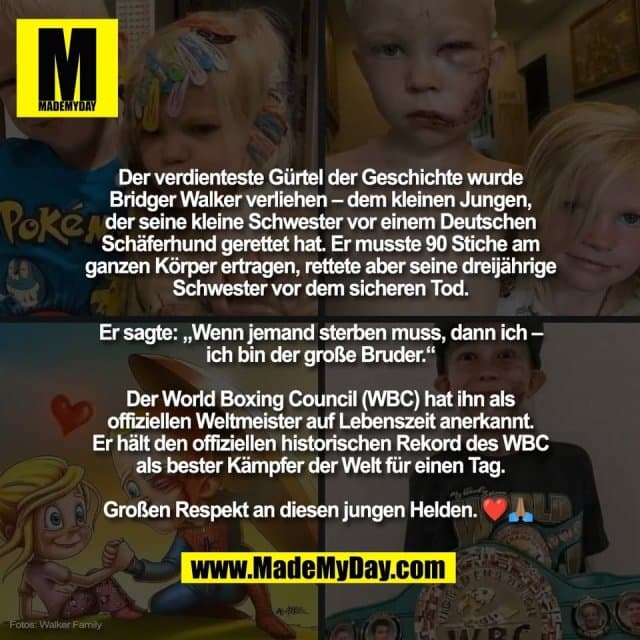 Der verdienteste Gürtel der Geschichte wurde
Bridger Walker verliehen – dem kleinen Jungen,
der seine kleine Schwester vor einem Deutschen
Schäferhund gerettet hat. Er musste 90 Stiche am
ganzen Körper ertragen, rettete aber seine dreijährige
Schwester vor dem sicheren Tod.
Er sagte: „Wenn jemand sterben muss, dann ich –
ich bin der große Bruder.“
Der World Boxing Council (WBC) hat ihn als
offiziellen Weltmeister auf Lebenszeit anerkannt.
Er hält den offiziellen historischen Rekord des WBC
als bester Kämpfer der Welt für einen Tag.
Großen Respekt an diesen jungen Helden. ❤️🙏🏽 - Inspiration, Zitate & Sprüche | MadeMyDay | Jetzt entdecken & teilen Der verdienteste Gürtel der Geschichte wurde
Bridger Walker verliehen – dem kleinen Jungen,
der seine kleine Schwester vor einem Deutschen
Schäferhund gerettet hat. Er musste 90 Stiche am
ganzen Körper ertragen, rettete aber seine dreijährige
Schwester vor dem sicheren Tod.
Er sagte: „Wenn jemand sterben muss, dann ich –
ich bin der große Bruder.“
Der World Boxing Council (WBC) hat ihn als
offiziellen Weltmeister auf Lebenszeit anerkannt.
Er hält den offiziellen historischen Rekord des WBC
als bester Kämpfer der Welt für einen Tag.
Großen Respekt an diesen jungen Helden. ❤️🙏🏽 - Inspirierendes Zitat mit Bild