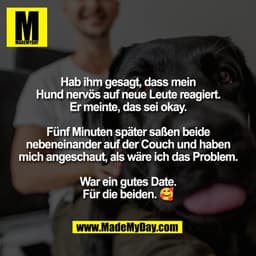 Hab ihm gesagt, dass mein
Hund nervös auf neue Leute reagiert.
Er meinte, das sei okay.

Fünf Minuten später saßen beide