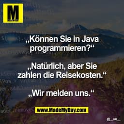 „Können Sie in Java
programmieren?“

„Natürlich, aber Sie
zahlen die Reisekosten.“

„Wir melden uns.“