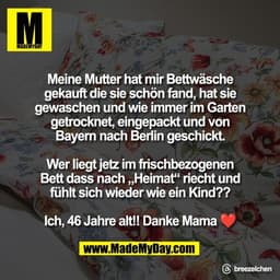 Meine Mutter hat mir Bettwäsche
gekauft die sie schön fand, hat sie
gewaschen und wie immer im Garten
getrocknet, eingep
