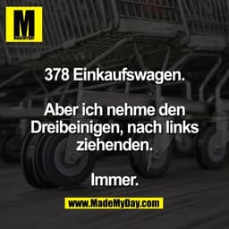378 Einkaufswagen.

Aber ich nehme den
Dreibeinigen, nach links
ziehenden.

Immer.