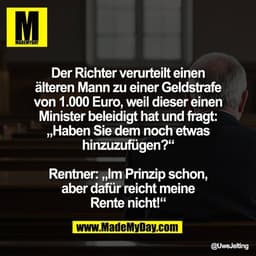 Der Richter verurteilt einen
älteren Mann zu einer Geldstrafe
von 1.000 Euro, weil dieser einen
Minister beleidigt hat u