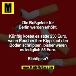 Die Bußgelder für
Berlin werden erhöht.

Künftig kostet es satte 250 Euro,
wenn Raucher ihre Kippe auf den
Boden schnipp