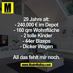 29 Jahre alt:
- 240.000 € im Depot
- 160 qm Wohnfläche
- 2 tolle Kinder
- 44er Bizeps
- Dicker Wagen

All das fehlt mir 