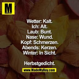 Wetter: Kalt.
Ich: Alt.
Laub: Bunt.
Nase: Wund.
Kopf: Schmerzen.
Abends: Kerzen.
Winter: In Sicht.

Herbstgedicht.