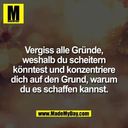Vergiss alle Gründe,
weshalb du scheitern
könntest und konzentriere
dich auf den Grund, warum
du es schaffen kannst.