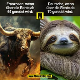 Franzosen, wenn
über die Rente ab
64 geredet wird:

Deutsche, wenn
über die Rente ab
70 geredet wird:


(BILD)