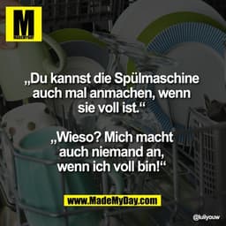 „Du kannst die Spülmaschine 
auch mal anmachen, wenn 
sie voll ist.“ 

„Wieso? Mich macht 
auch niemand an, 
wenn ich vo