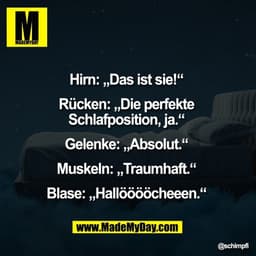 Hirn: „Das ist sie!“ 

Rücken: „Die perfekte 
Schlafposition, ja.“ 

Gelenke: „Absolut.“ 

Muskeln: „Traumhaft.“ 

Blase