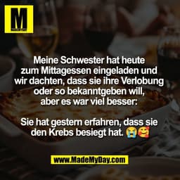 Meine Schwester hat heute 
zum Mittagessen eingeladen und 
wir dachten, dass sie ihre Verlobung 
oder so bekanntgeben wi