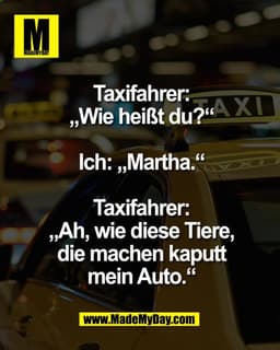 Taxifahrer:
„Wie heißt du?“

Ich: „Martha.“

Taxifahrer:
„Ah, wie diese Tiere,
die machen kaputt
mein Auto.“