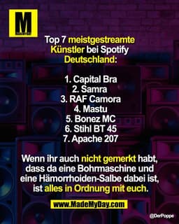 Top 7 meistgestreamte 
Künstler bei Spotify 
Deutschland:

1. Capital Bra
2. Samra 
3. RAF Camora
4. Mastu
5. Bonez MC
6