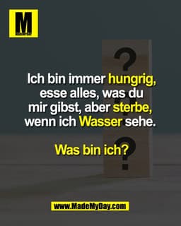 Ich bin immer hungrig,
esse alles, was du
mir gibst, aber sterbe,
wenn ich Wasser sehe.
Was bin ich?