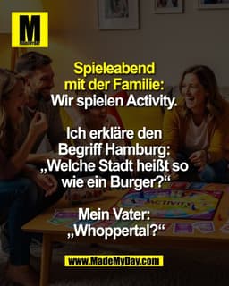 Spieleabend 
mit der Familie: 
Wir spielen Activity. 

Ich erkläre den 
Begriff Hamburg: 
„Welche Stadt heißt so 
wie ei