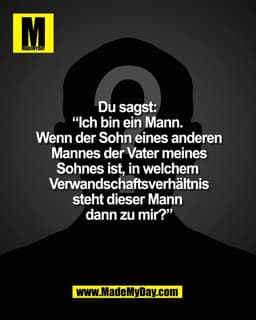 Du sagst:
"Ich bin ein Mann.
Wenn der Sohn eines anderen
Mannes der Vater meines
Sohnes ist, in welchem
Verwandschaftsve
