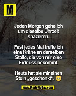 Jeden Morgen gehe ich
um dieselbe Uhrzeit
spazieren.

Fast jedes Mal treffe ich
eine Krähe an derselben
Stelle, die von 