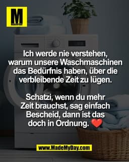 Ich werde nie verstehen,
warum unsere Waschmaschinen
das Bedürfnis haben, über die
verbleibende Zeit zu lügen.

Schatzi,